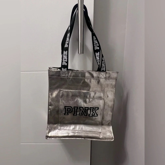 PINK Victoria's Secret Silver Logo SMALL Metallic Bag Tote Pockets Canvas VS - Picture 1 of 3
